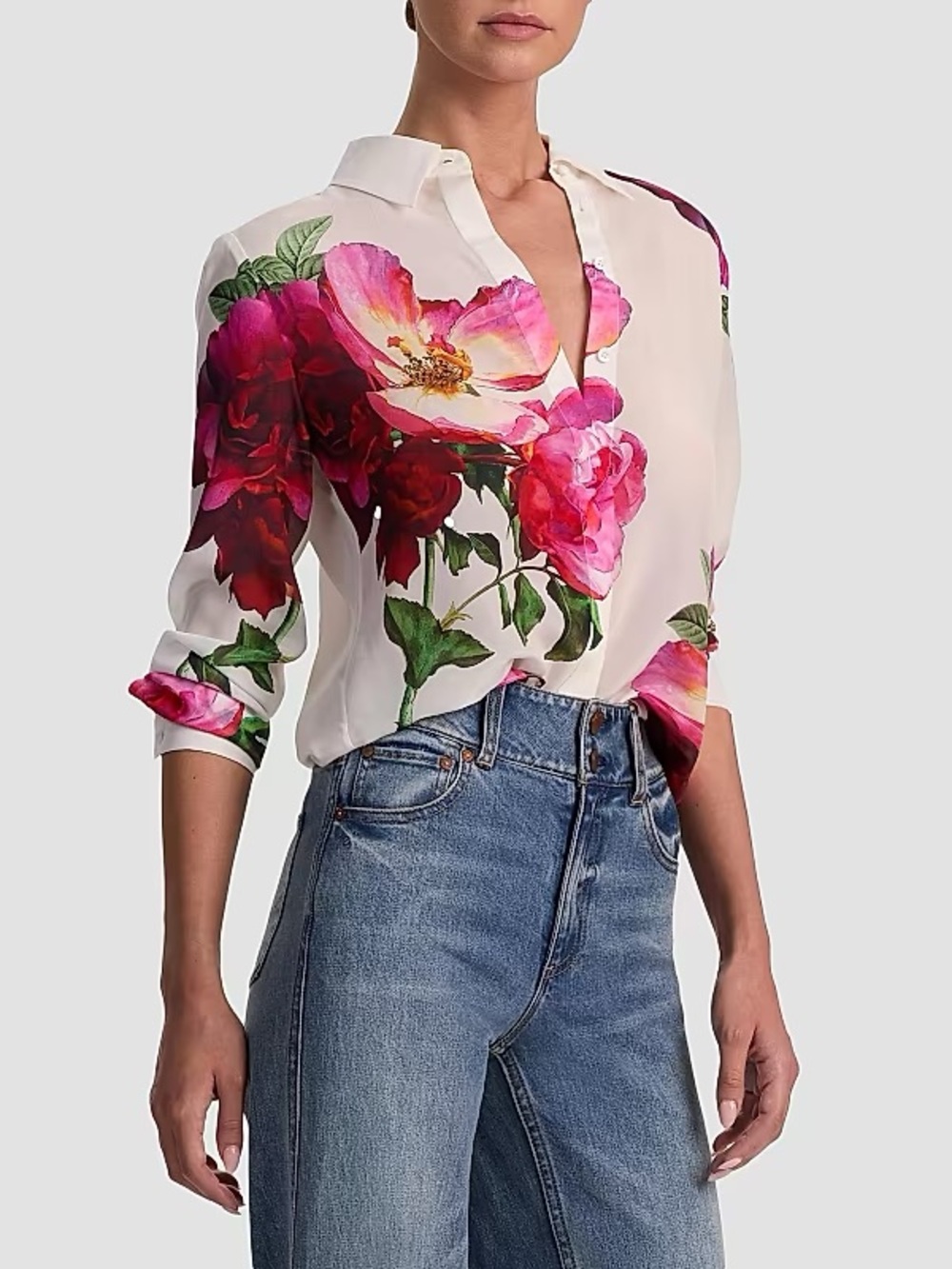 Alice + Olivia Willa Floral Silk Button-Front Top Size M